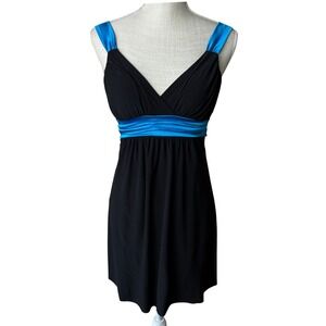 Vtg Y2K Taboo Mini Dress Womens XS Black Cobalt Blue Satin Bow Empire Waist USA